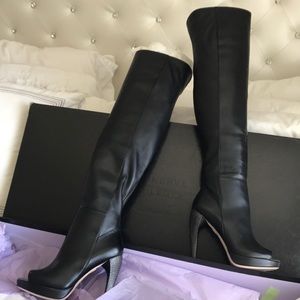 HERVE LEGER Black Thigh High Peep Toe Boots